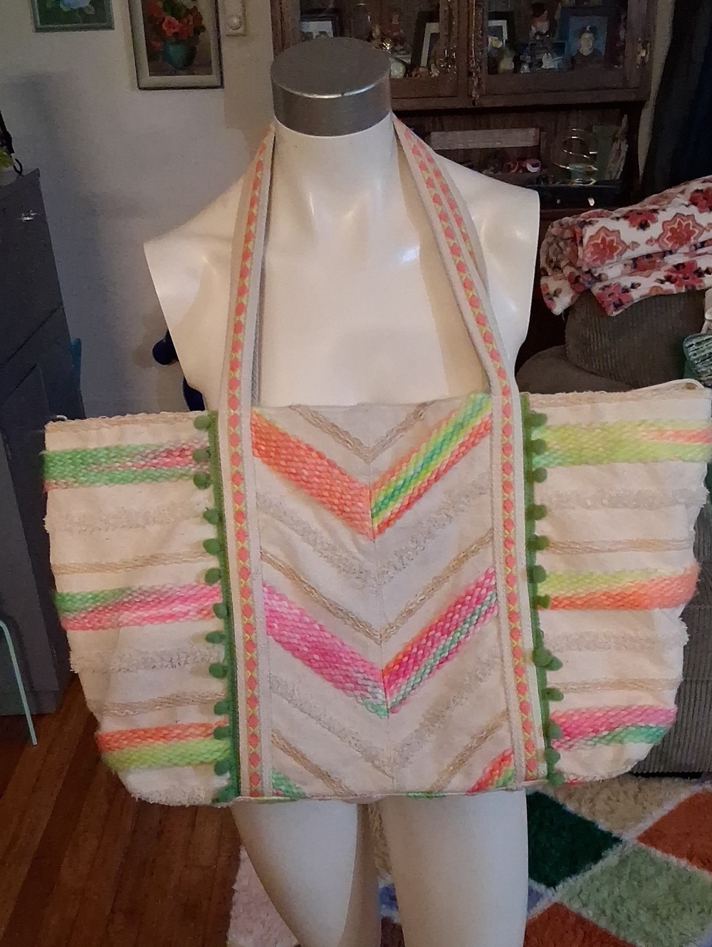 Colorful Chevron Pom-Pom Tote Bag - White with Neon Accents